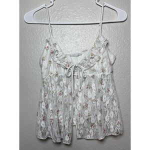 Lace Floral Ruffle Tie Spaghetti Strap V-Neck Tank White L by GOOD DAYS PROJECT
